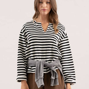 B+W Striped Button Back Top