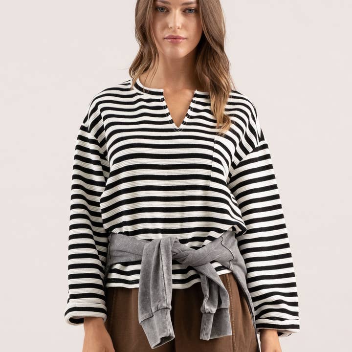 B+W Striped Button Back Top