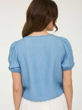Load image into Gallery viewer, Scalloped Embroidered Chambray Top
