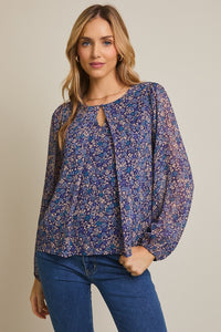 Blue Pleated Floral Top