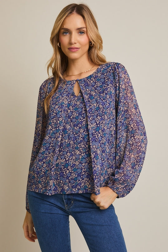 Blue Pleated Floral Top