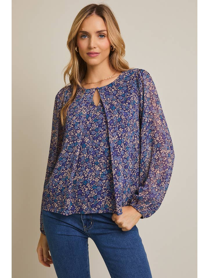Blue Pleated Floral Top - Plus