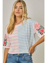 Load image into Gallery viewer, Mystree Blue + Pink Stripe Embroidered Tee
