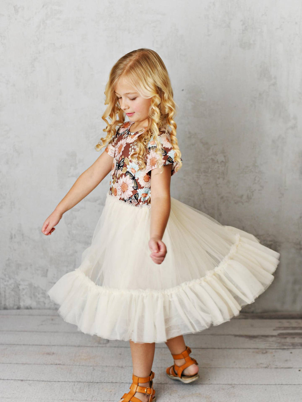 Rust Floral Tulle Dress - Kids