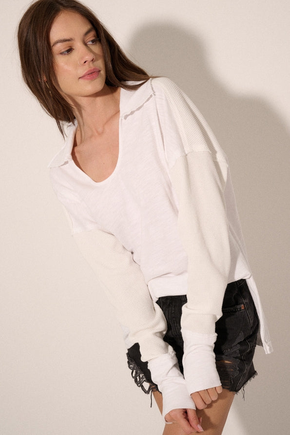 White Mixed Fabric L/S Top