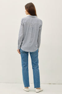 Navy Striped Button Top