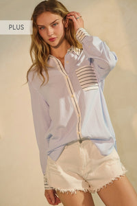 Blue Mixed Stripe Button Top - Plus