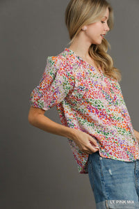 Pink Abstract Ruffle Trim Top