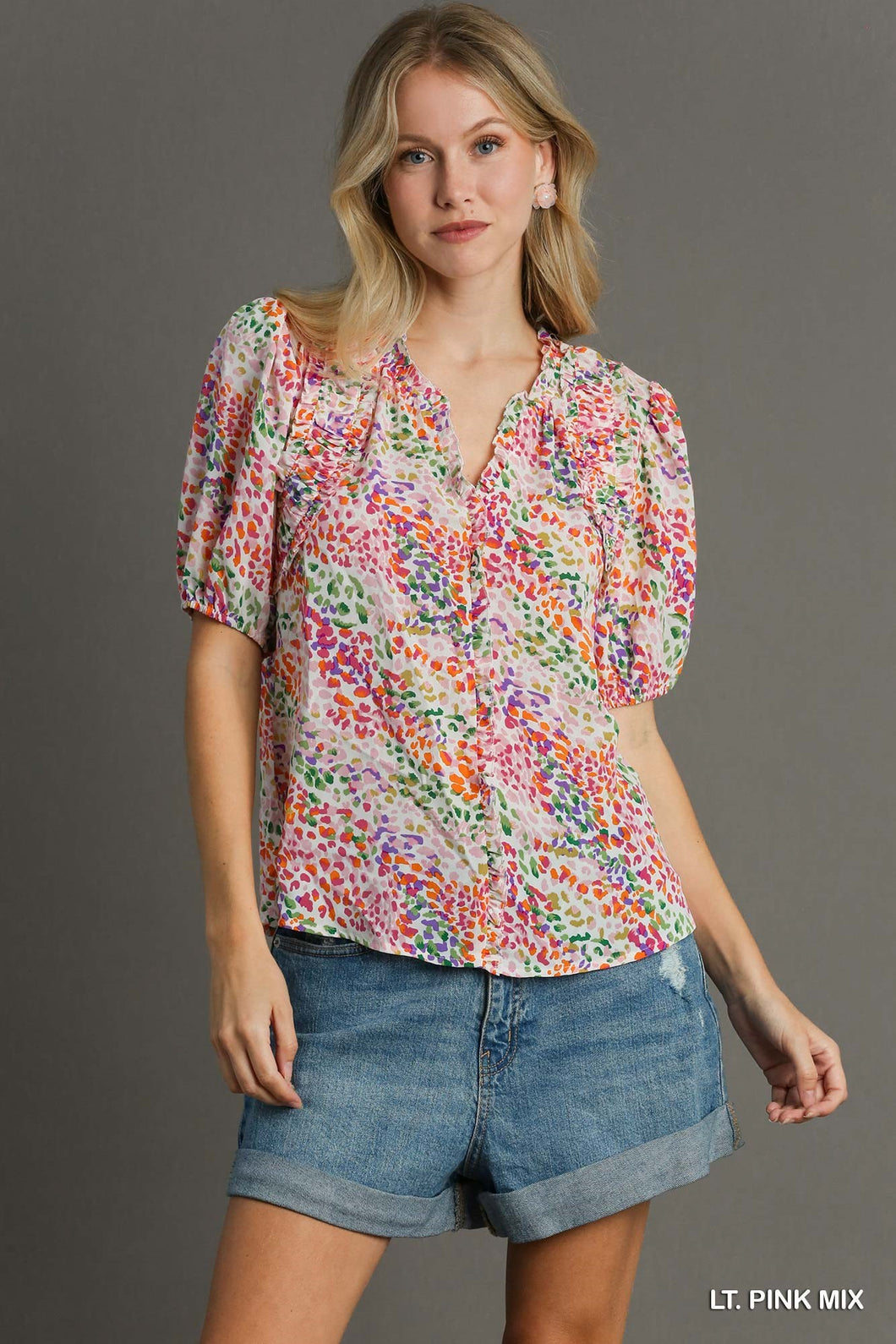 Pink Abstract Ruffle Trim Top