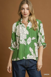 Green Peony Floral Top