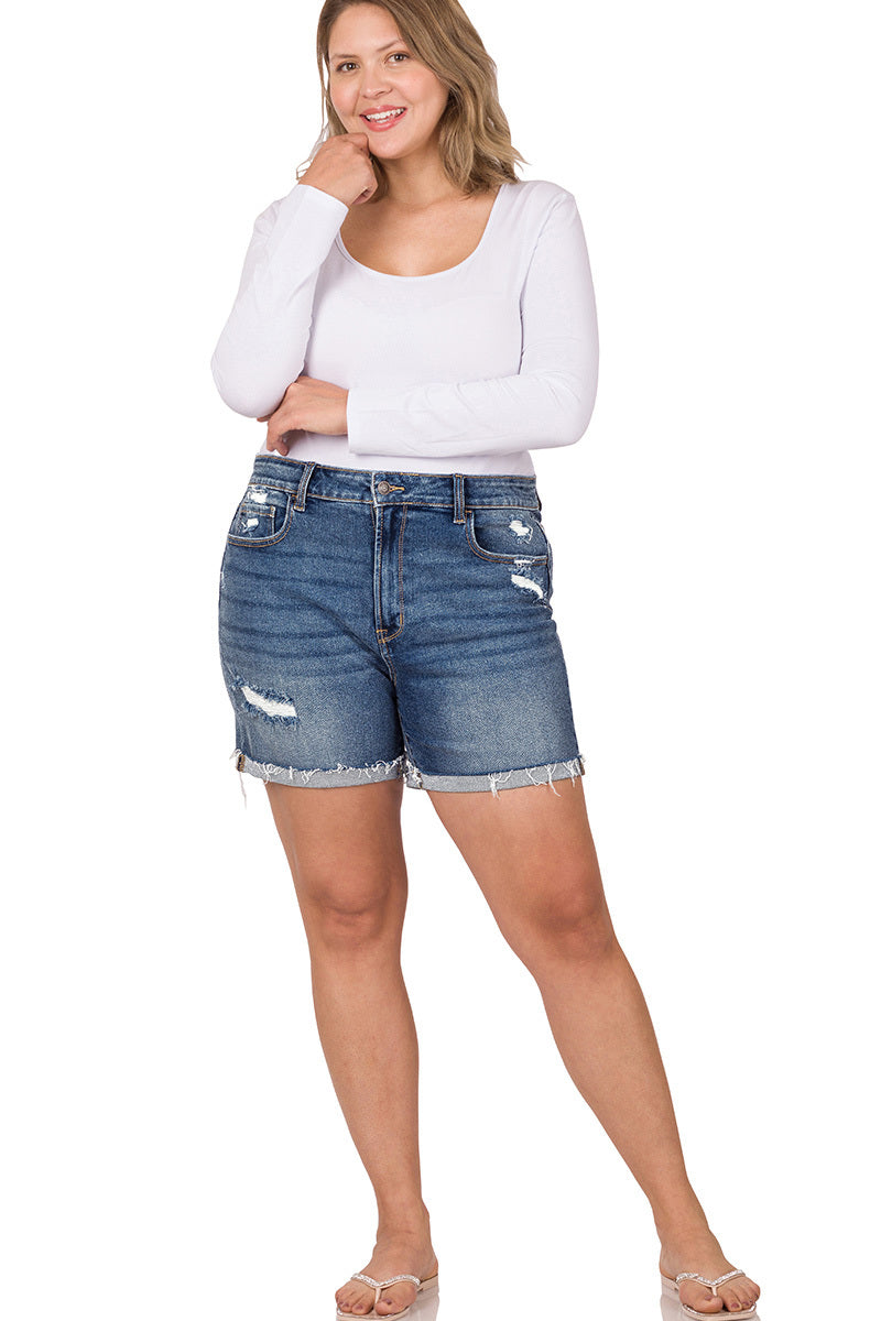 Dark Wash Cuffed Shorts - Plus