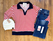 Load image into Gallery viewer, Staccato Red + Navy Striped Collared Sweatshirt
