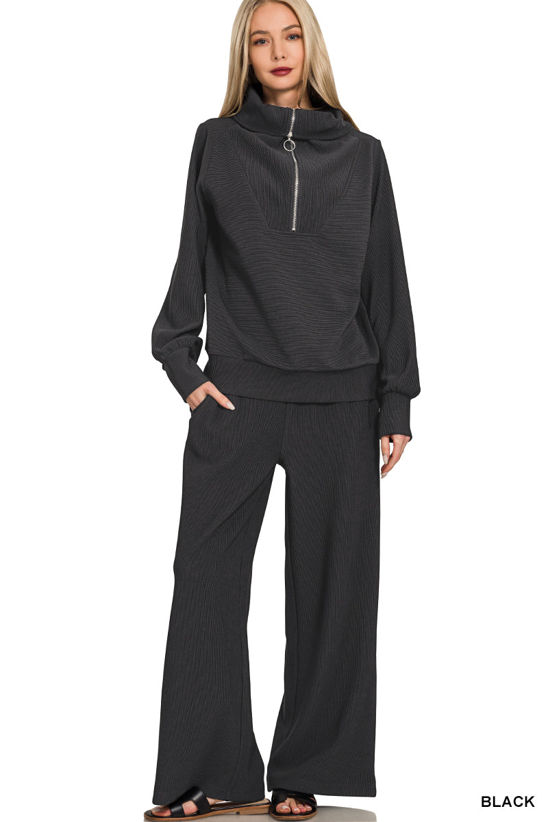 Zenana Black Ribbed Zip Top