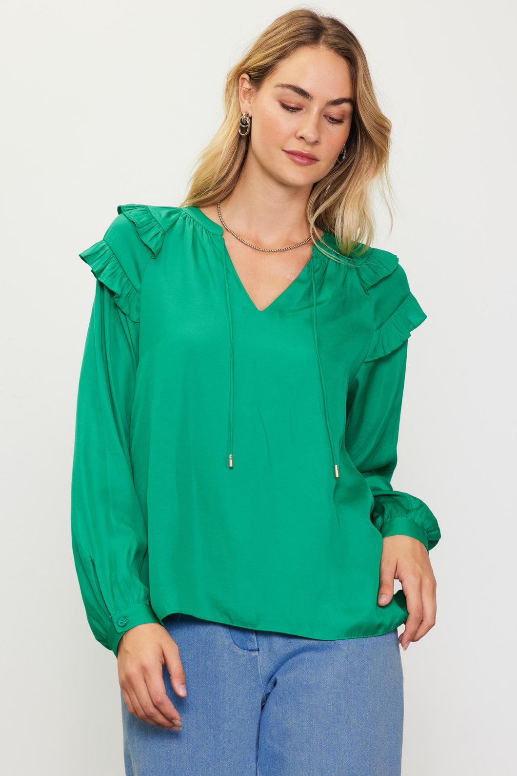 Kelly Green Ruffle Shoulder Top