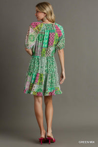 Green Patchwork Floral Dress