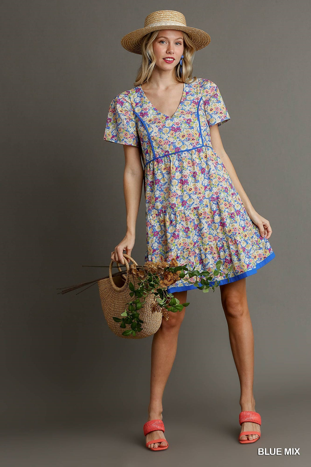 Blue Floral Piped Dress