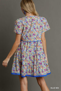 Blue Floral Piped Dress