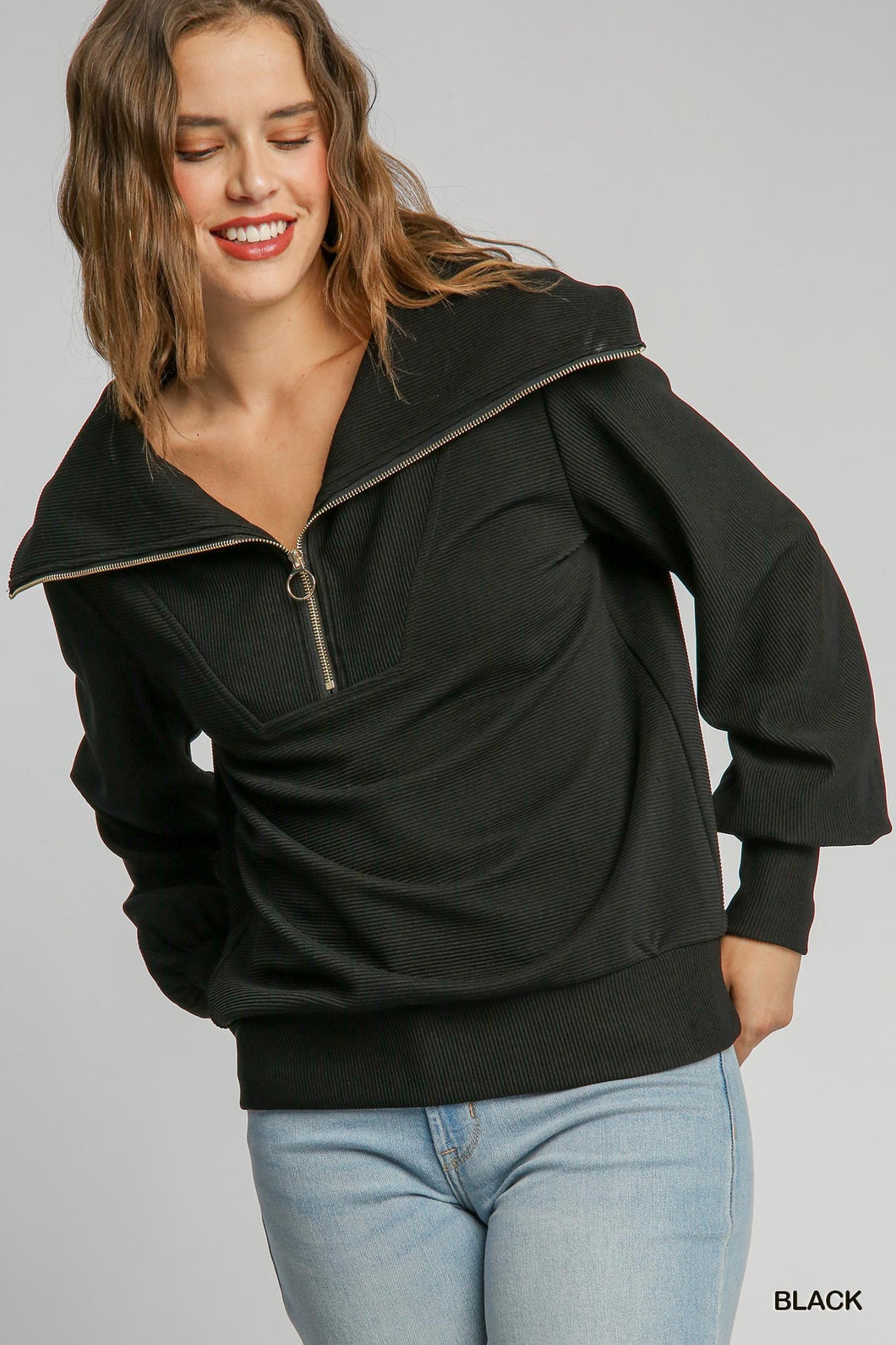 Black Textured Zip Pullover