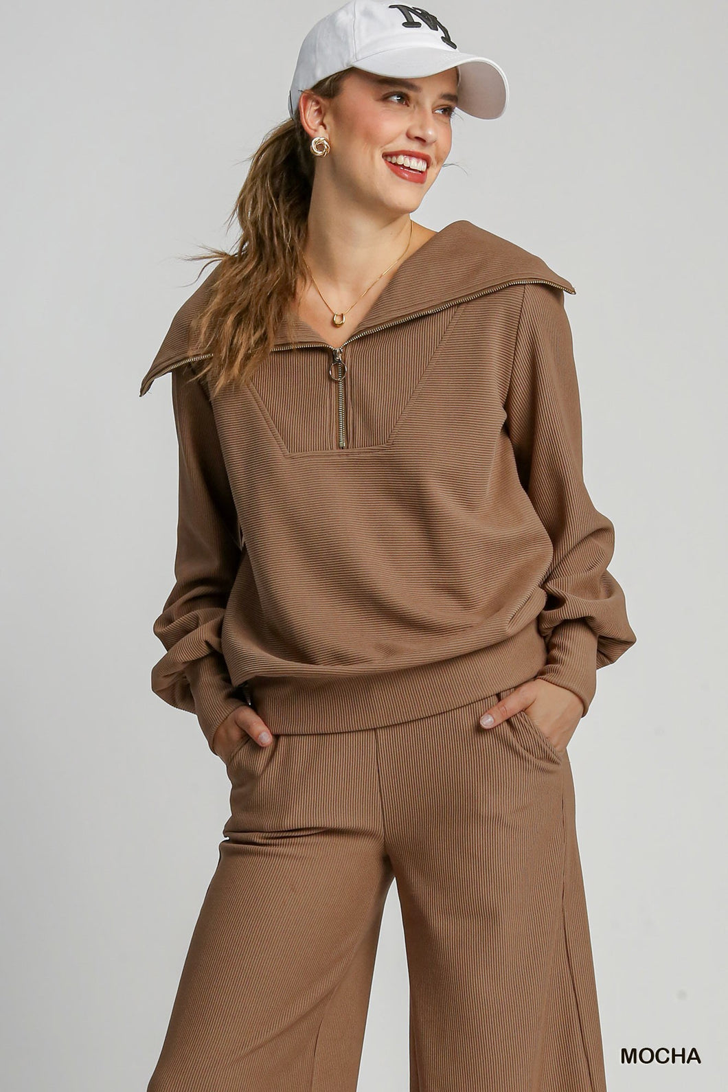 Mocha Textured Zip Pullover