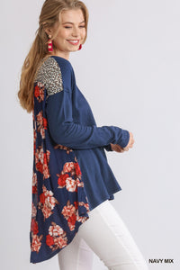 Navy Floral Back Top  Linen