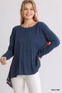 Navy Floral Back Top  Linen