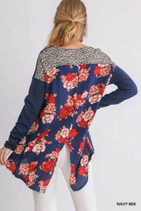 Navy Floral Back Top  Linen