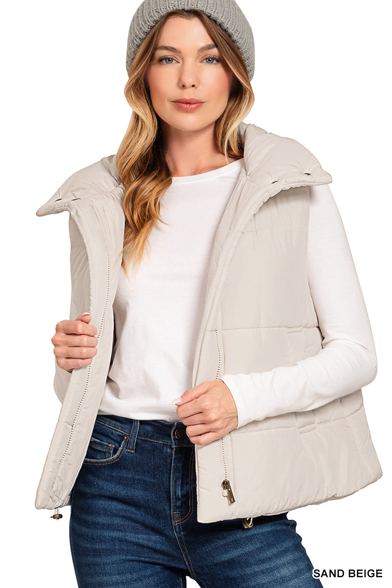 Beige High Neck Puffer Vest