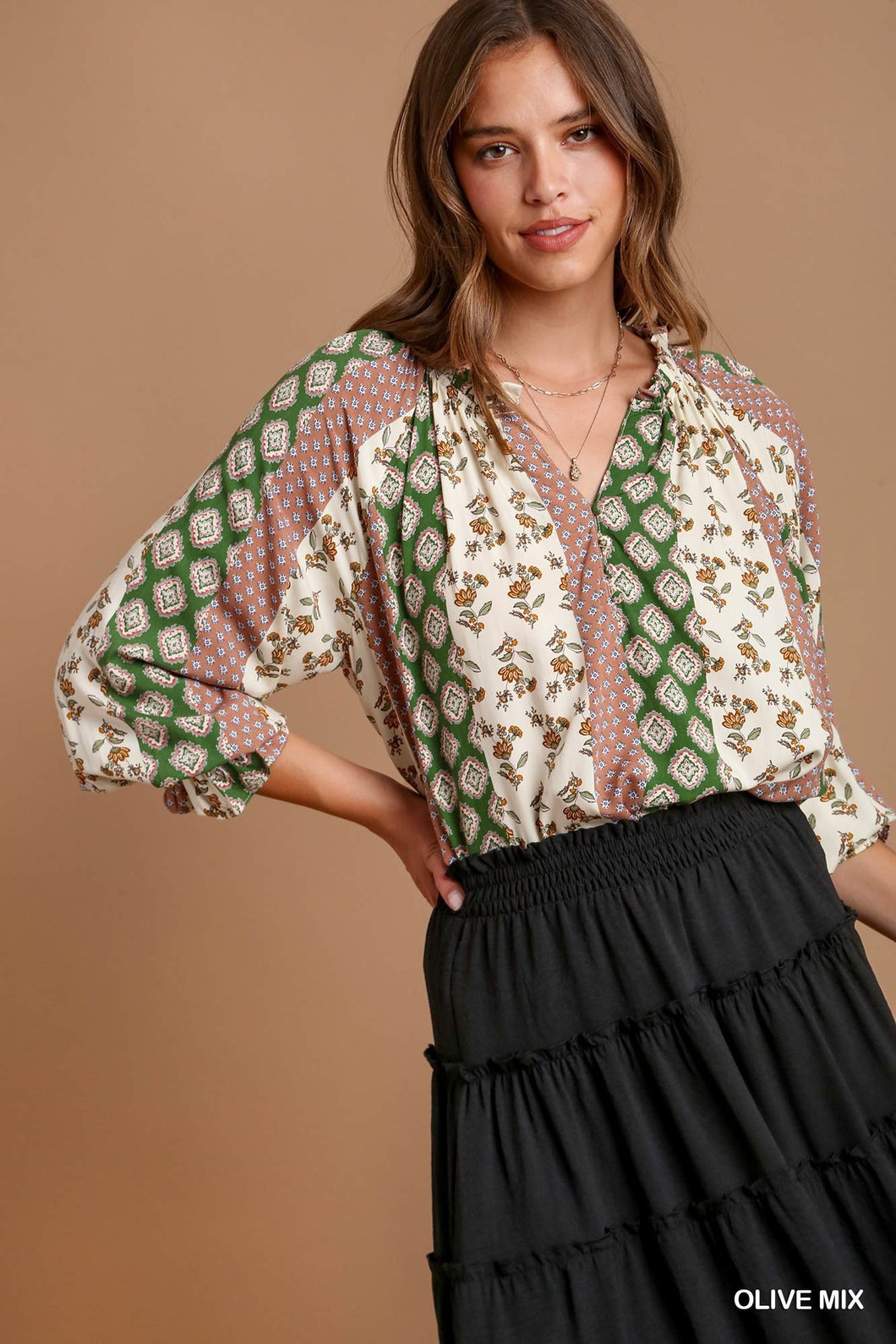 Clay + Olive Mixed Floral Top