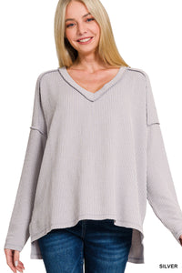 Silver L/S Textured V-Neck Top