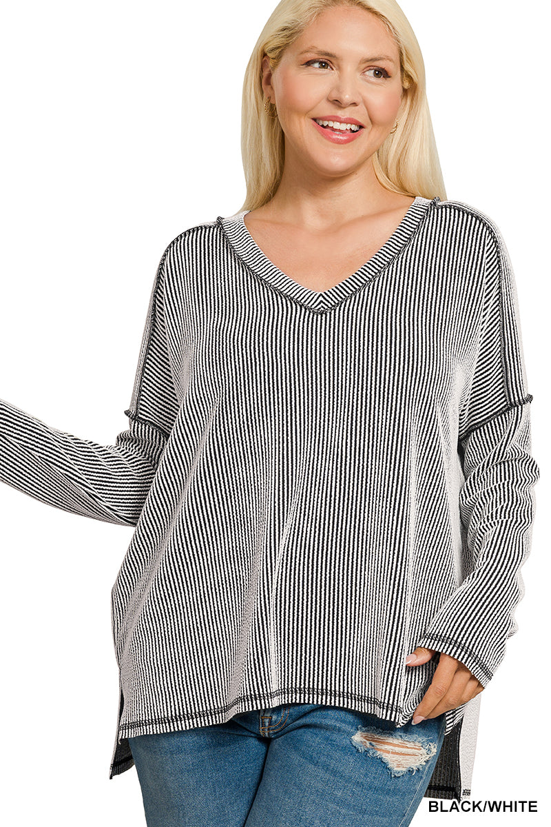 B+W Textured V-Neck Top - Plus