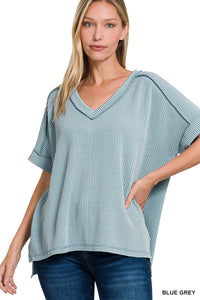 Blue Grey Textured V-Neck Top