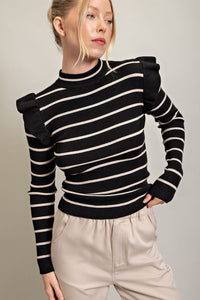 Black + Cream Ruffle Stripe Sweater