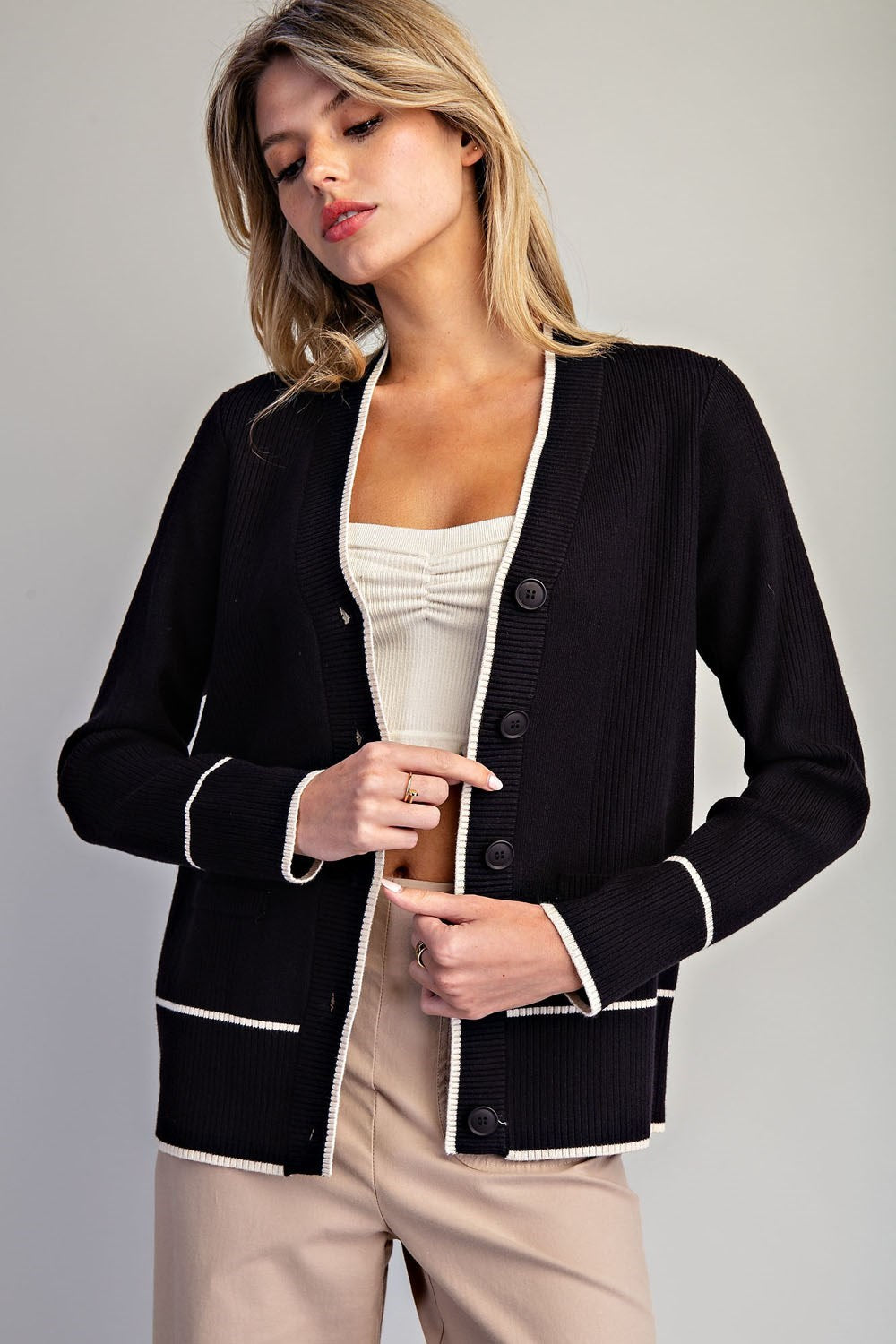 Black + White Trim Cardigan