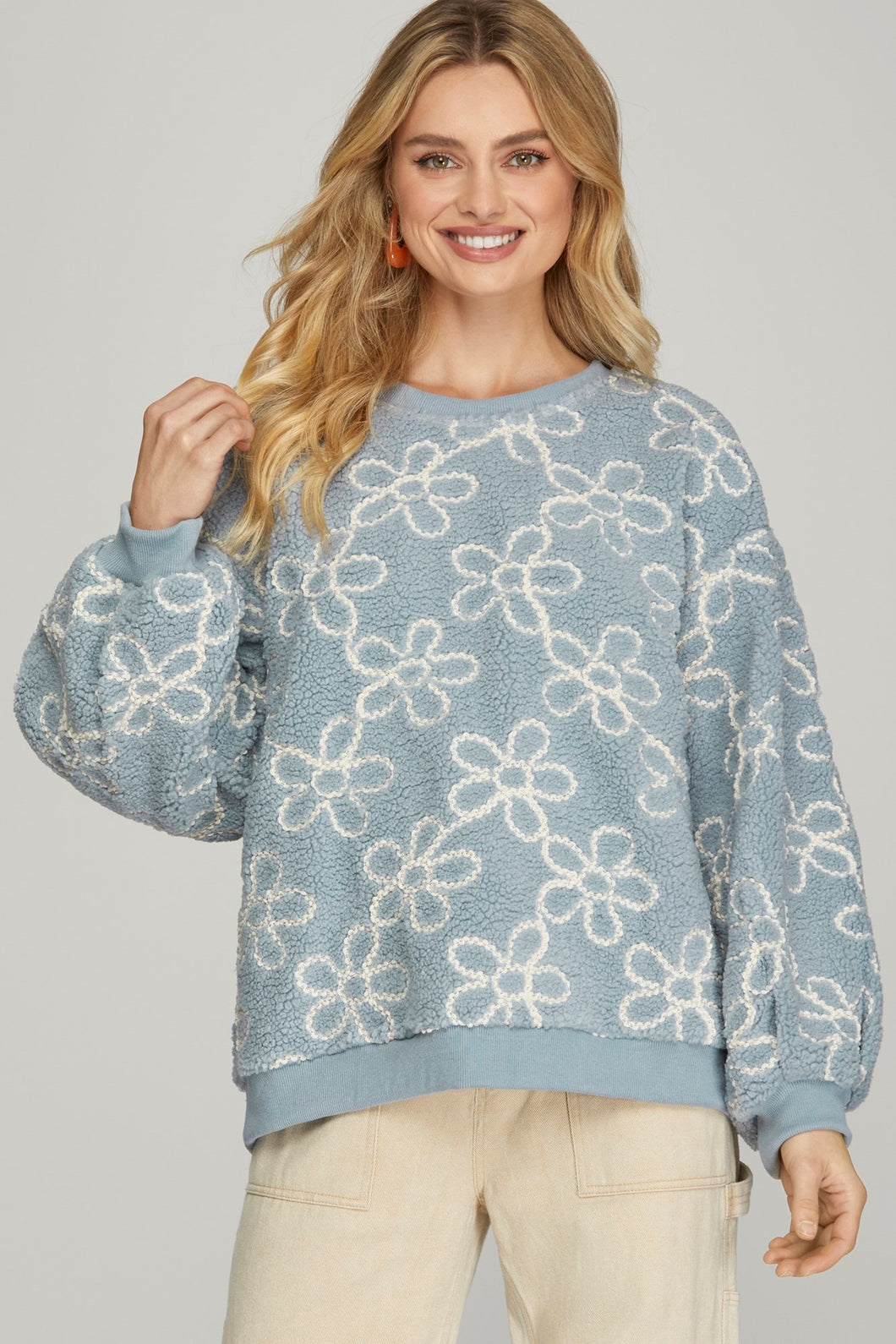 Blue Floral Sherpa Pullover