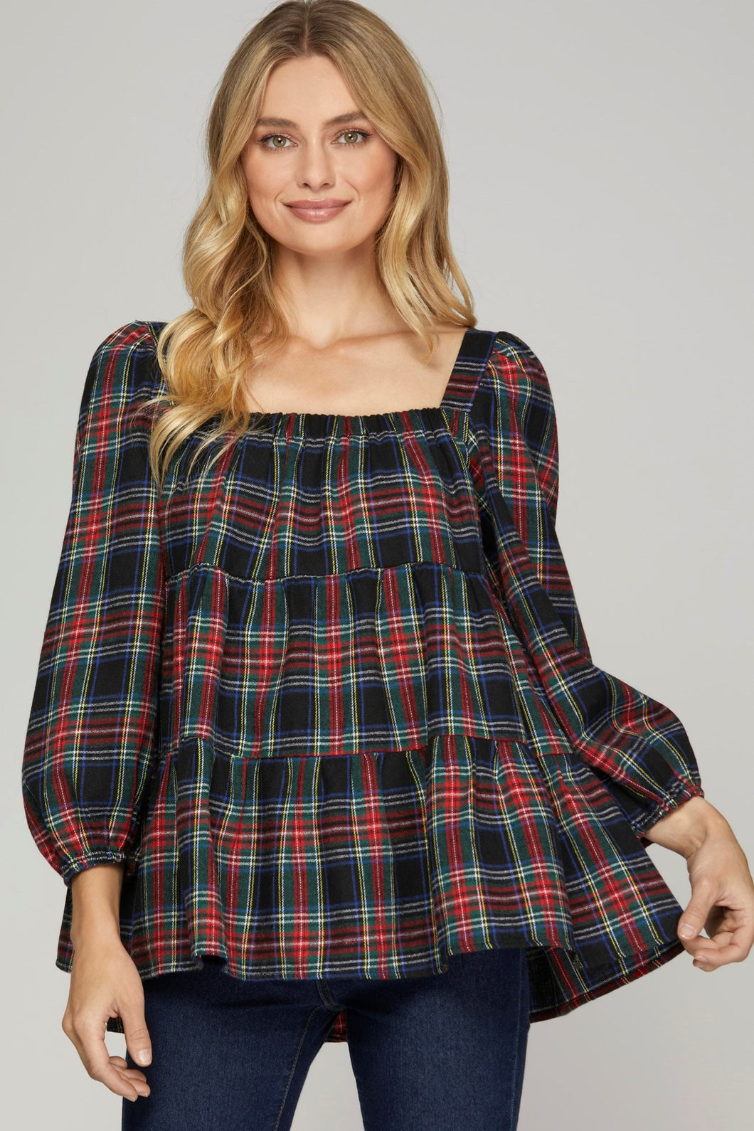 Black Plaid Babydoll Top