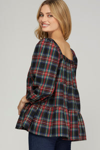 Black Plaid Babydoll Top