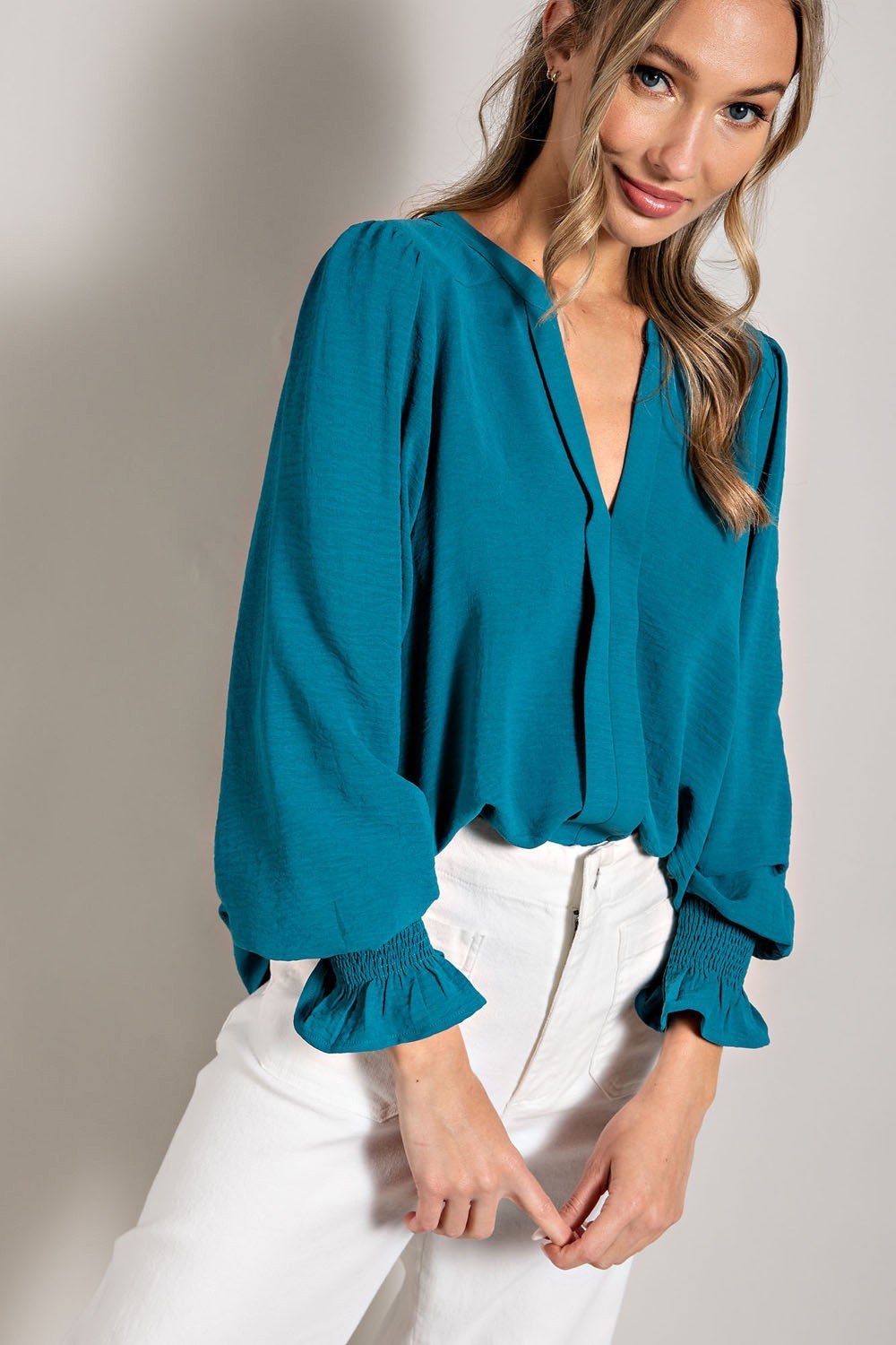 Teal Smocked Cuff Top