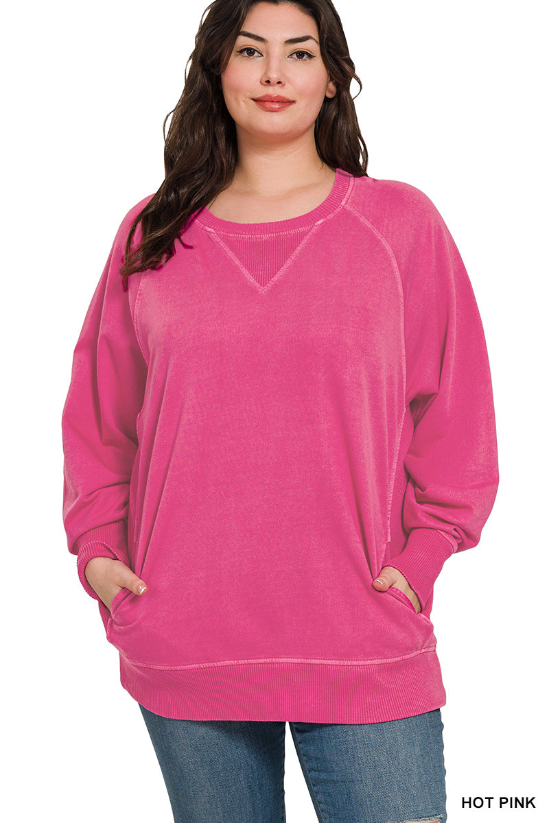 Hot Pink Washed Pullover - Plus