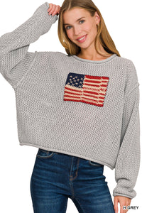 Grey Open Knit Flag Sweater