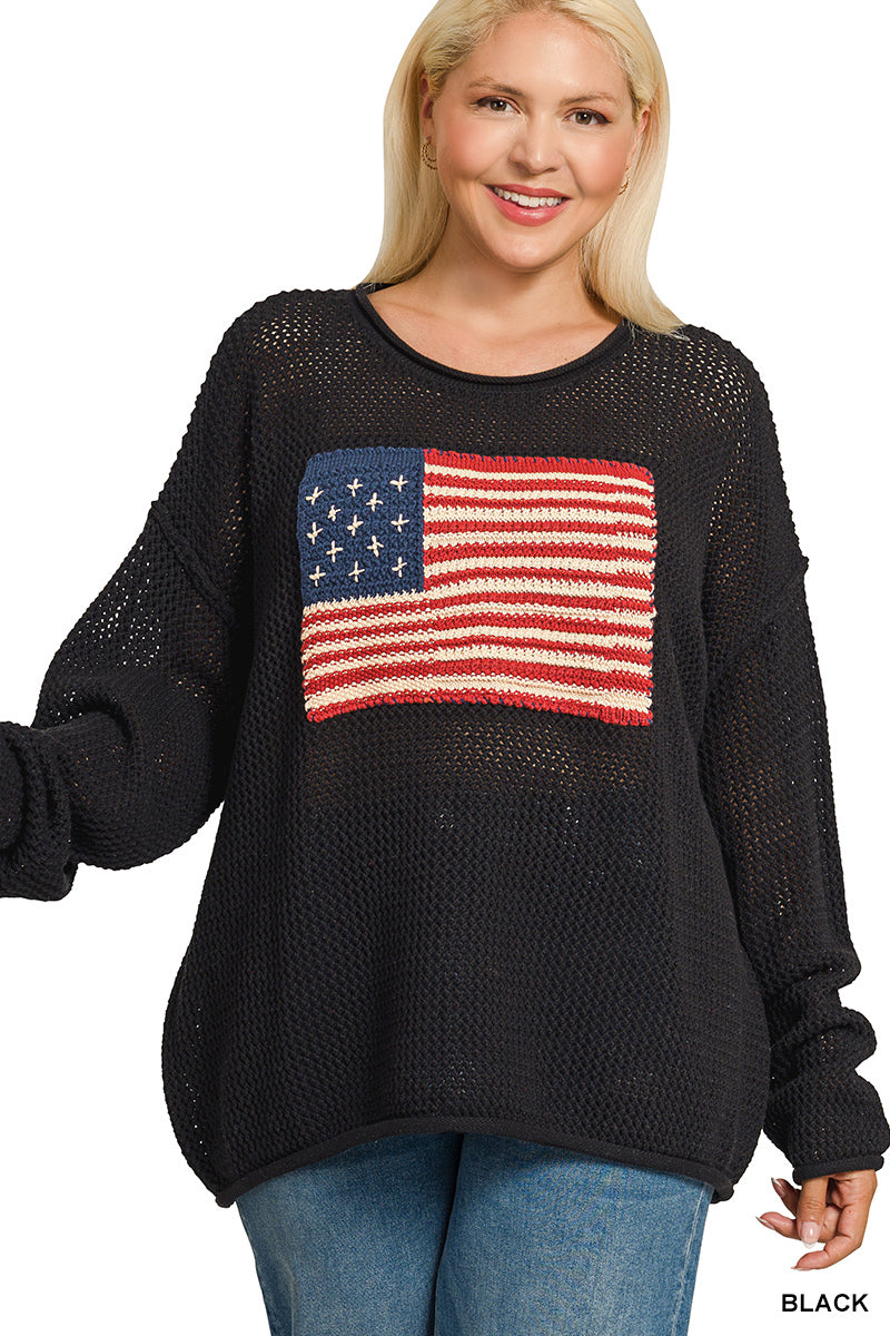 Black Open Knit Flag Sweater - Plus