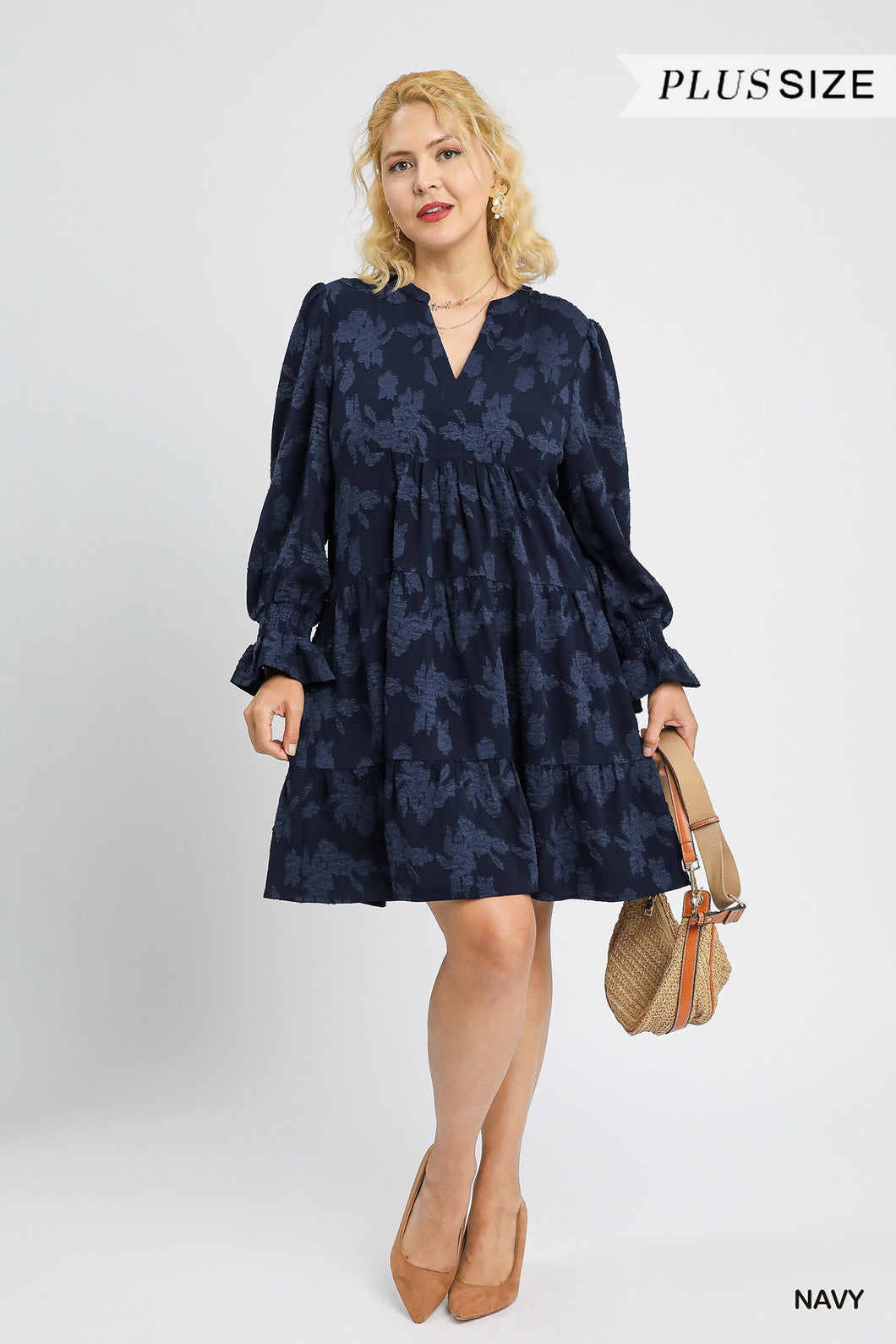 Navy Jacquard Dress - Plus