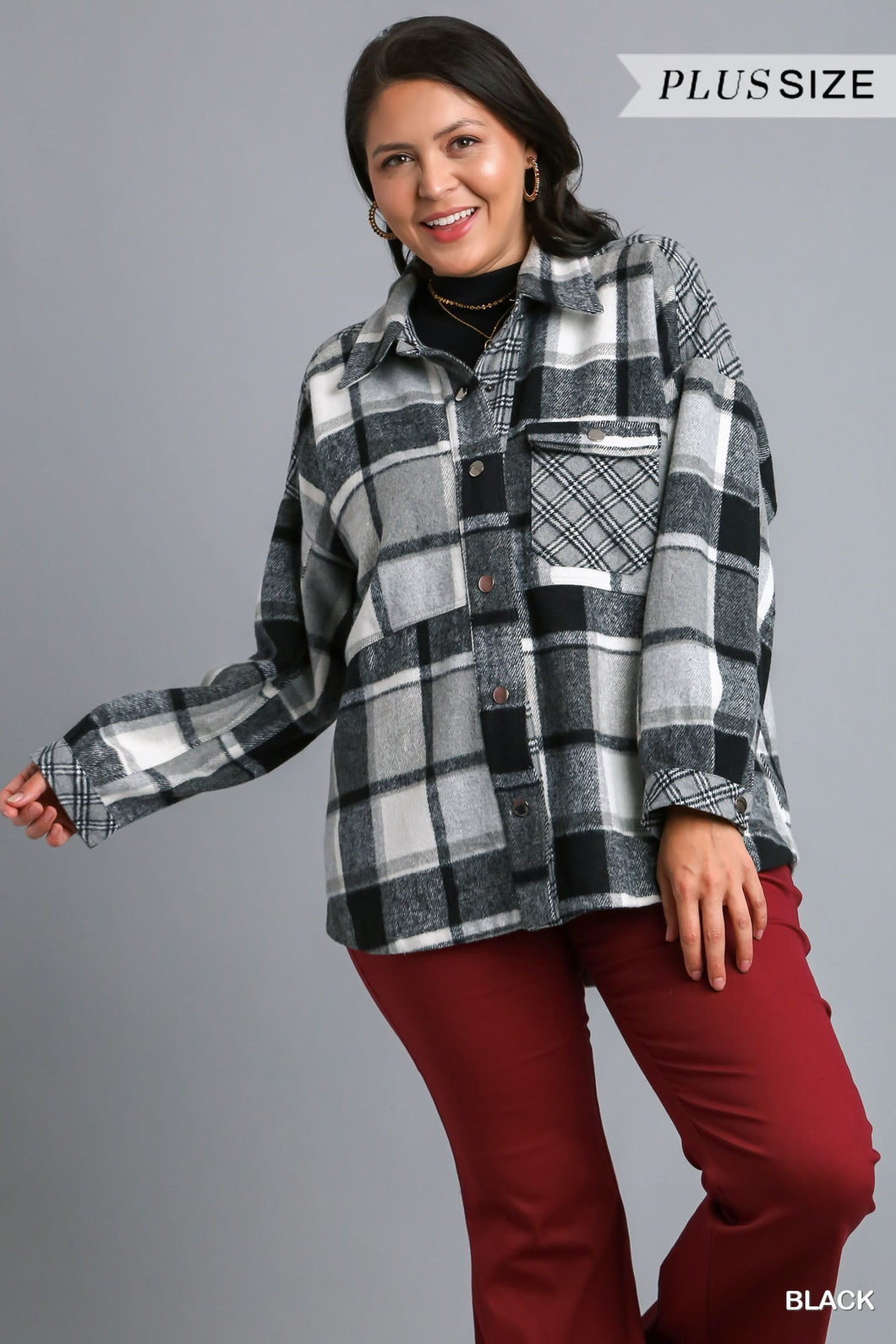 Black Mixed Plaid Shacket - Plus