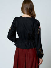 Load image into Gallery viewer, Black Floral Embroidered Tie Front Top
