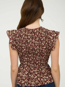 Burgundy Floral Smocked Top