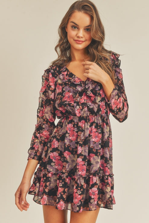 Lilac + Pink Floral Ruffle Dress