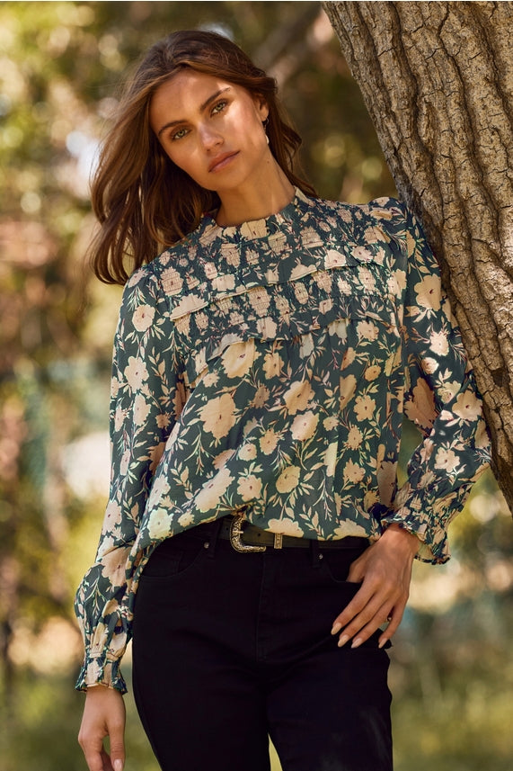 Oddi Teal Ruffled Floral Top