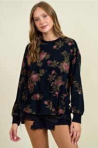 Black Floral Drawstring Waist Sweatshirt