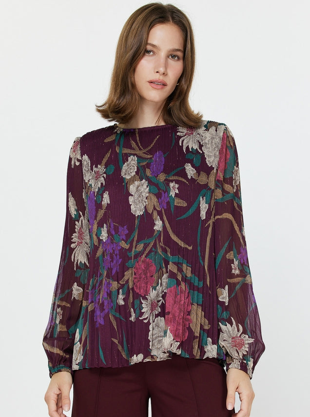 Wine Pleated Floral Top