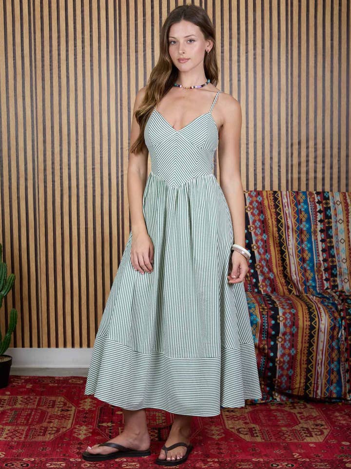 Green Stripe Basque Waist Dress Adorn Boutique MI Green Stripe Basque Waist Dress Adorn Boutique MI