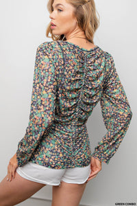 Green Floral Ruched Top
